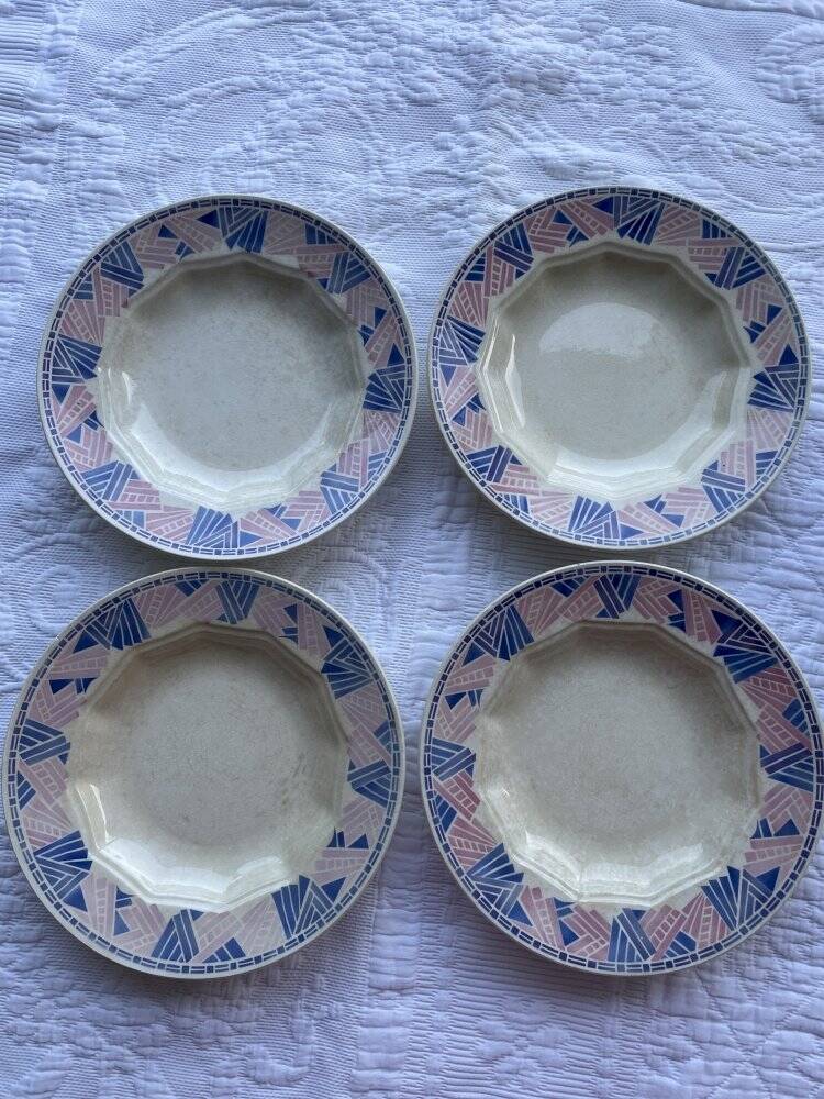 4 assiettes creuses HBCM Dolly 1930 bleu/rose céramique/faïence abstrait