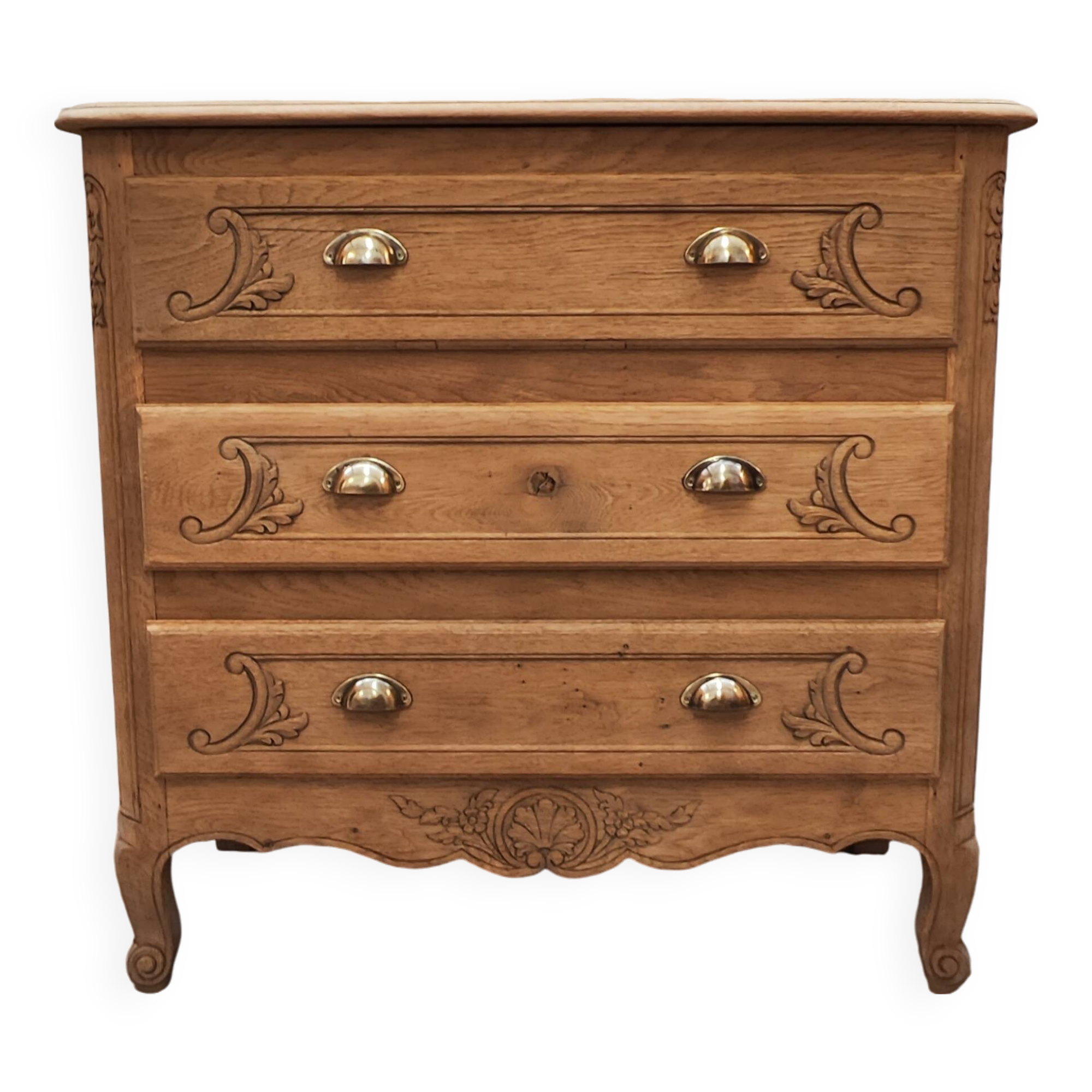 Old chest of drawers with three drawers in raw solid oak