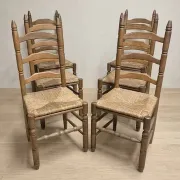 Set of 6 vintage wooden ladder-back dining chairs with woven seats, 20th century, 105 × 38 cm