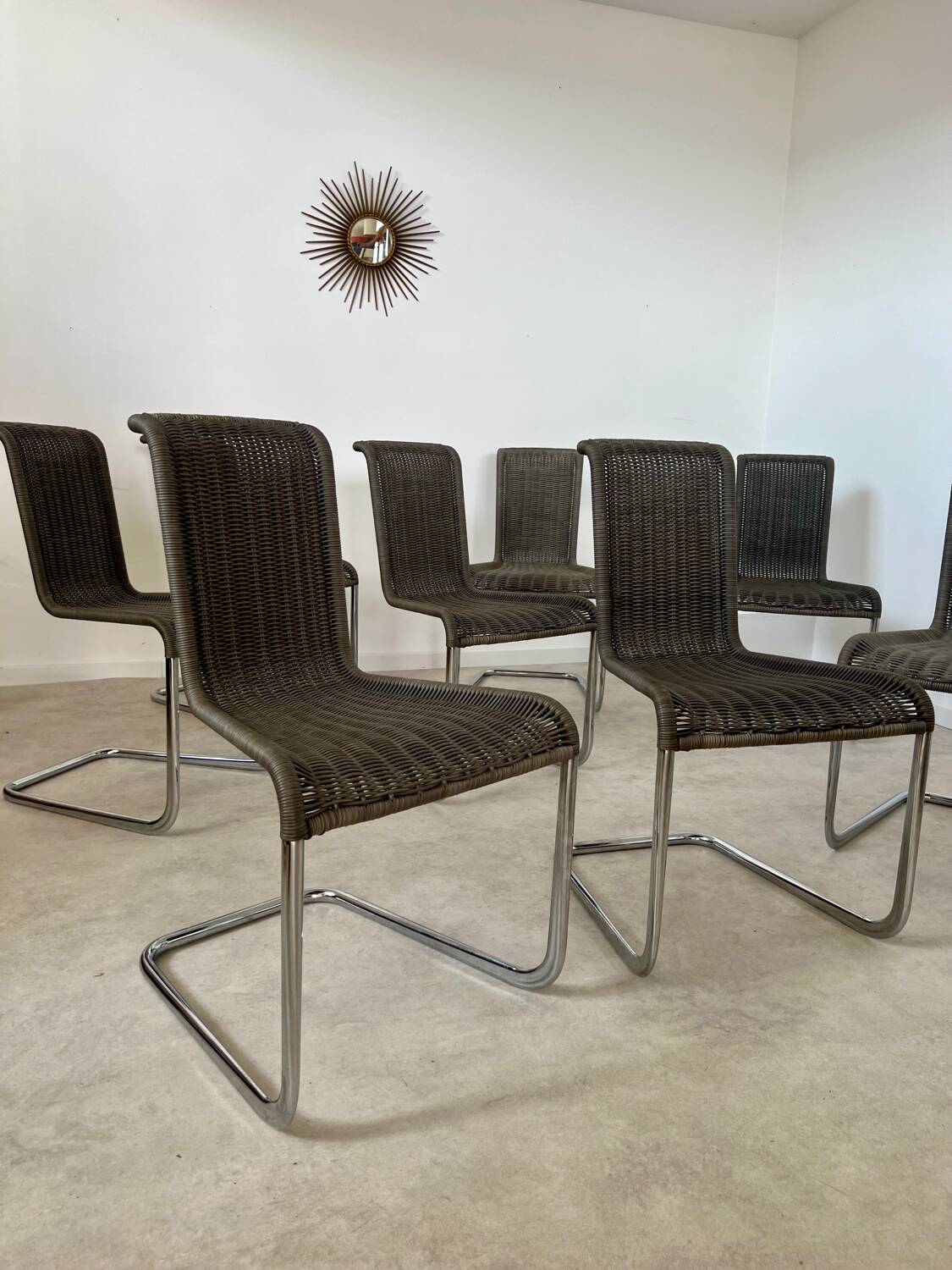 Set of 8 Tecta designer tubular chairs, Bauhaus style, metal and vintage gray cane, 80s