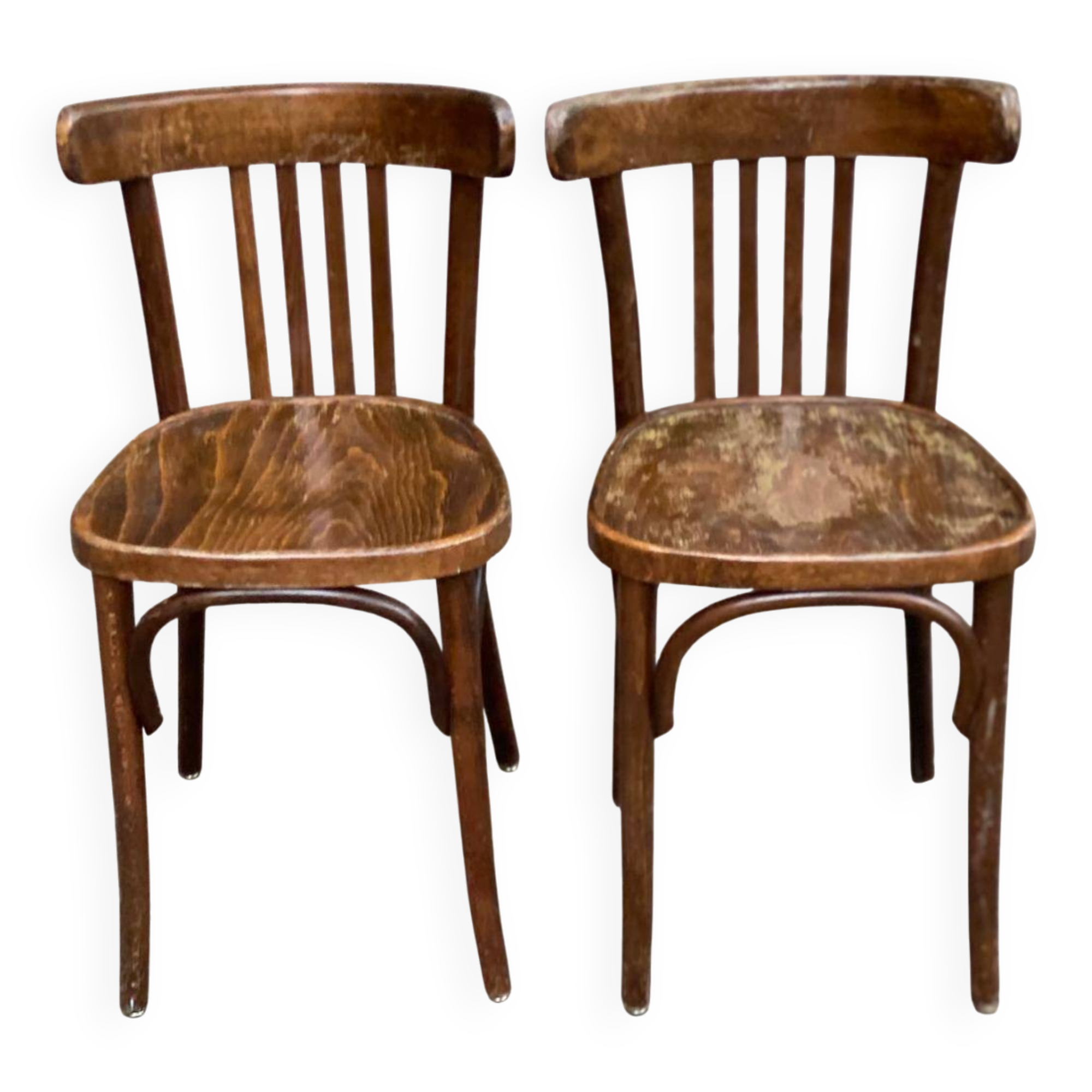2 solid wood curved walnut bistro chairs in burgundy
