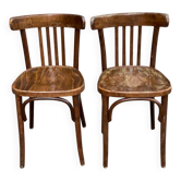 2 solid wood curved walnut bistro chairs in burgundy