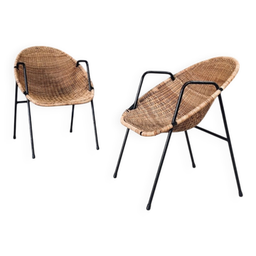 Mid-Century Modern Rattan Armchairs, France, 1950s, Set of 2