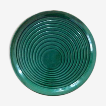 Large pie dish or round ceramic tray glazed dark green vintage 70s