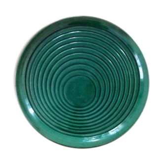 Large pie dish or round ceramic tray glazed dark green vintage 70s