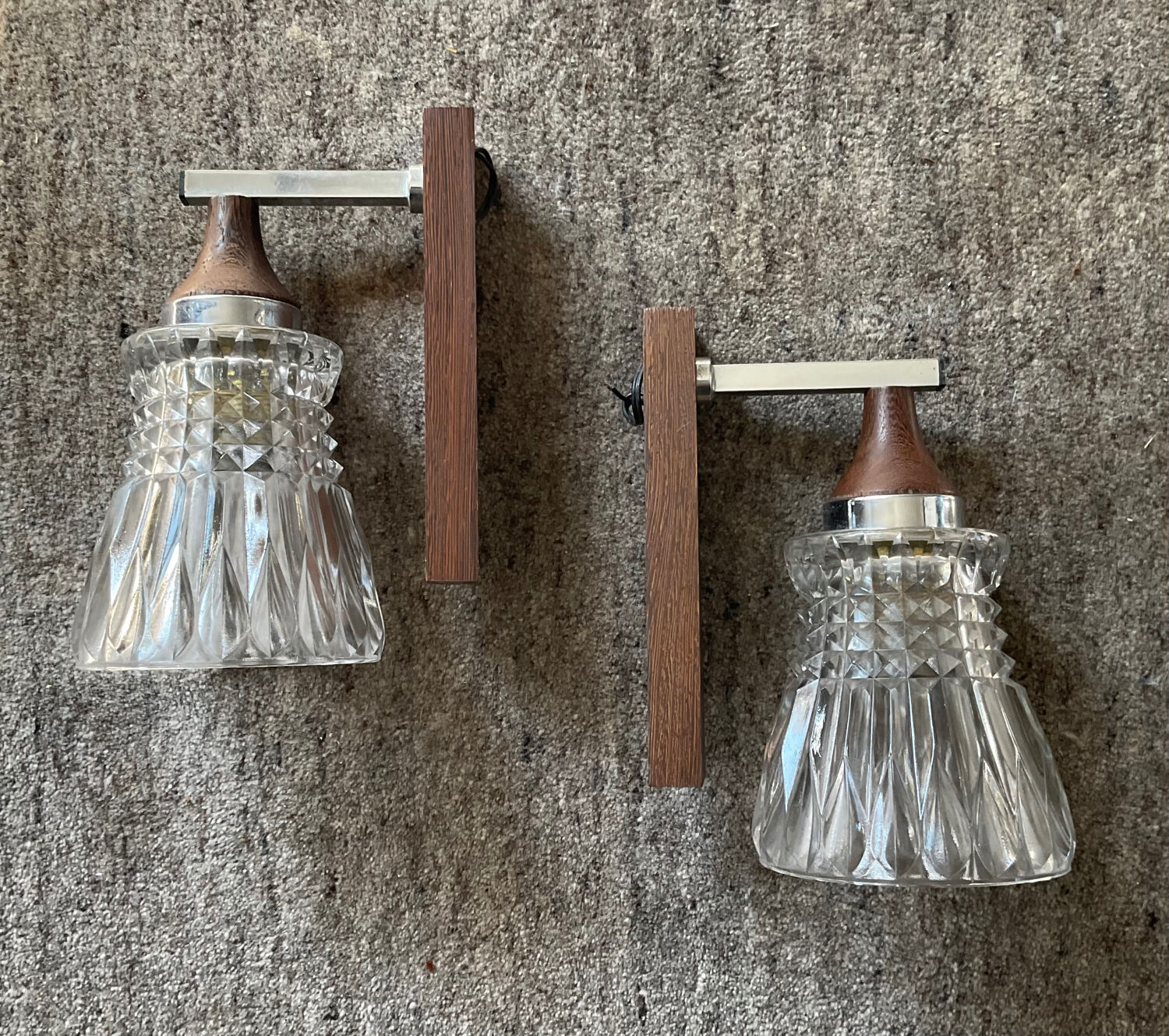 Pair of 60s teak and molded glass sconces