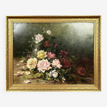 Emile GAUFFRIAUD (1877-1957): huile sur toile nature morte aux roses datée de 1918 signée