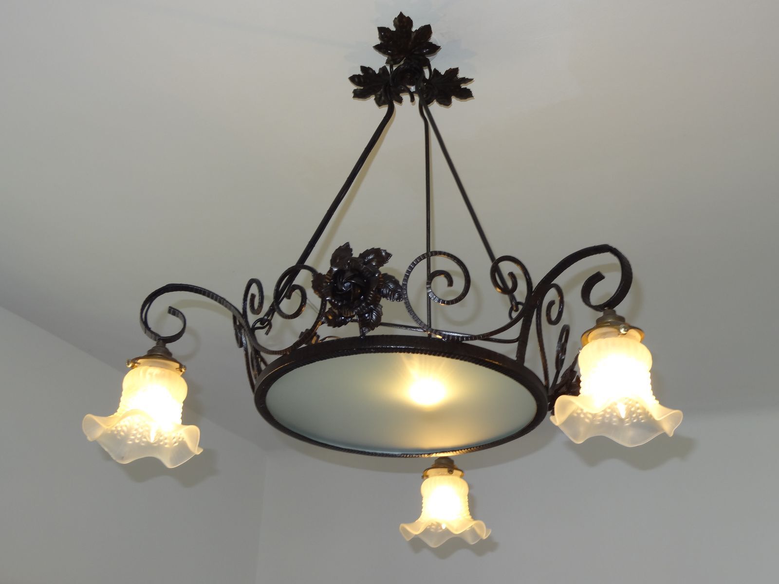 iron and opalin glass hanging lamp