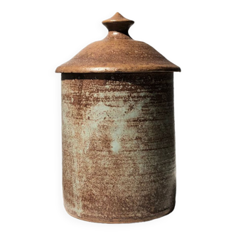 Pot à couvercle ancien en céramique marron avec reflets bleutés