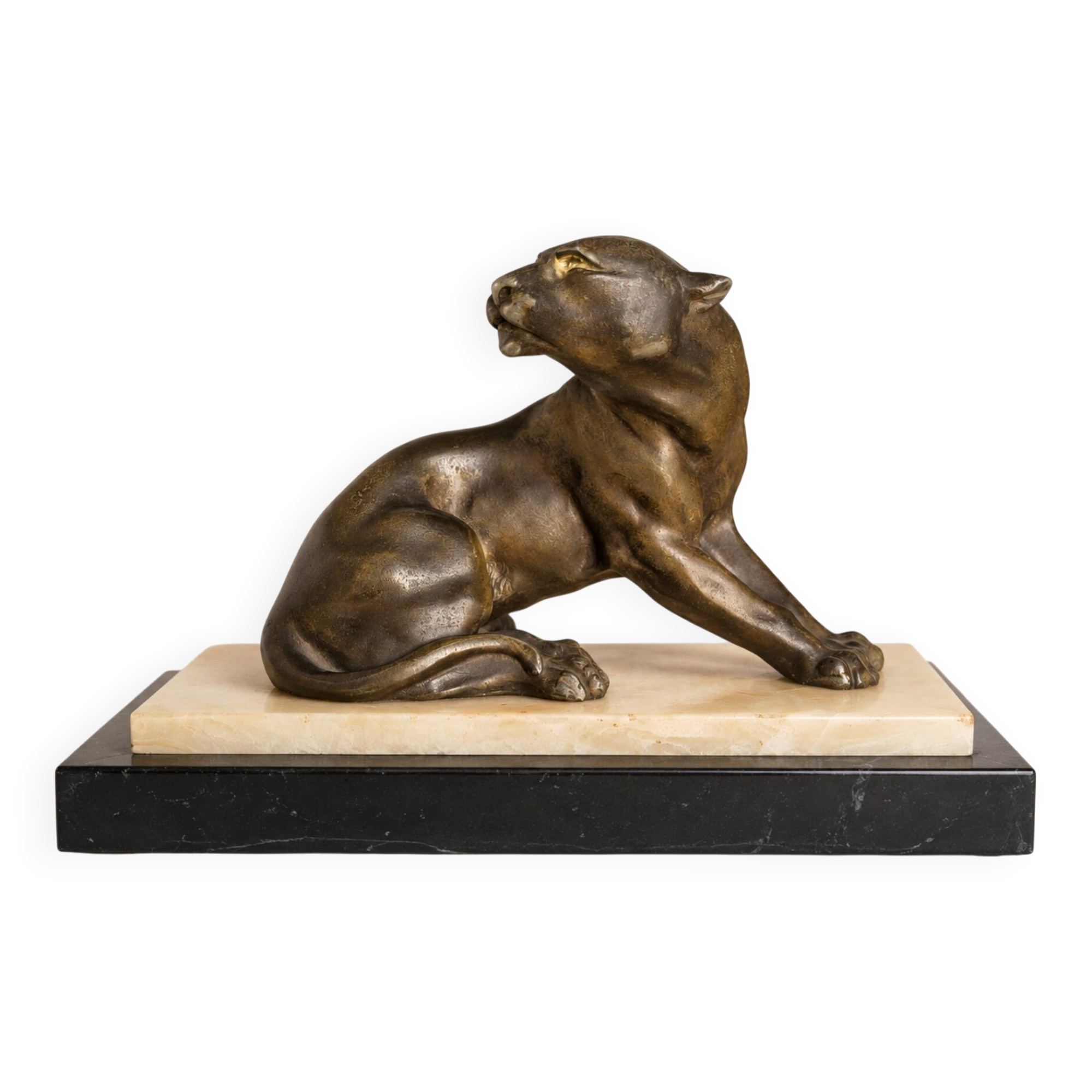 Art Deco Panther in patinated cast iron on a base of onyx and black marble