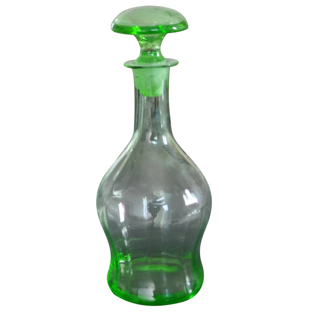 Art Deco Czech liqueur carafe in clear and green glass with a stopper (1930s)