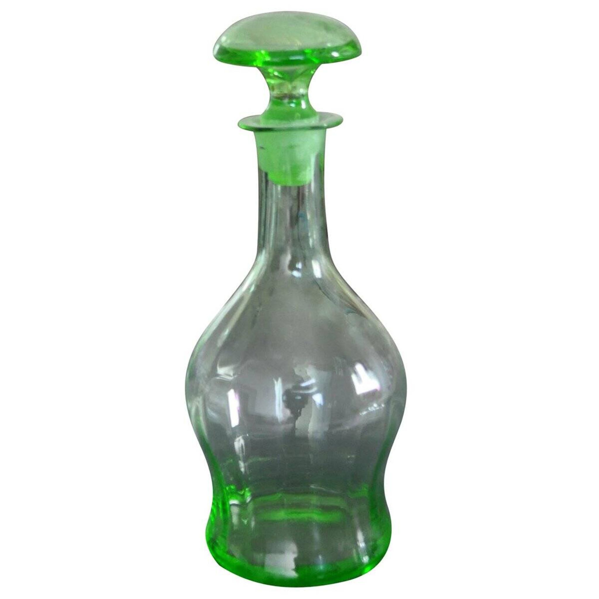Art Deco Czech liqueur carafe in clear and green glass with a stopper (1930s)