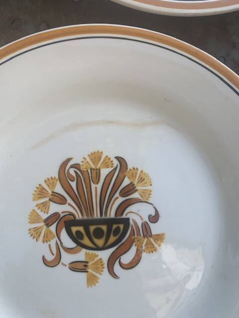 8 flat plates, Carnation model, art deco, CREIL ET MONTEREAU, floral pattern, old