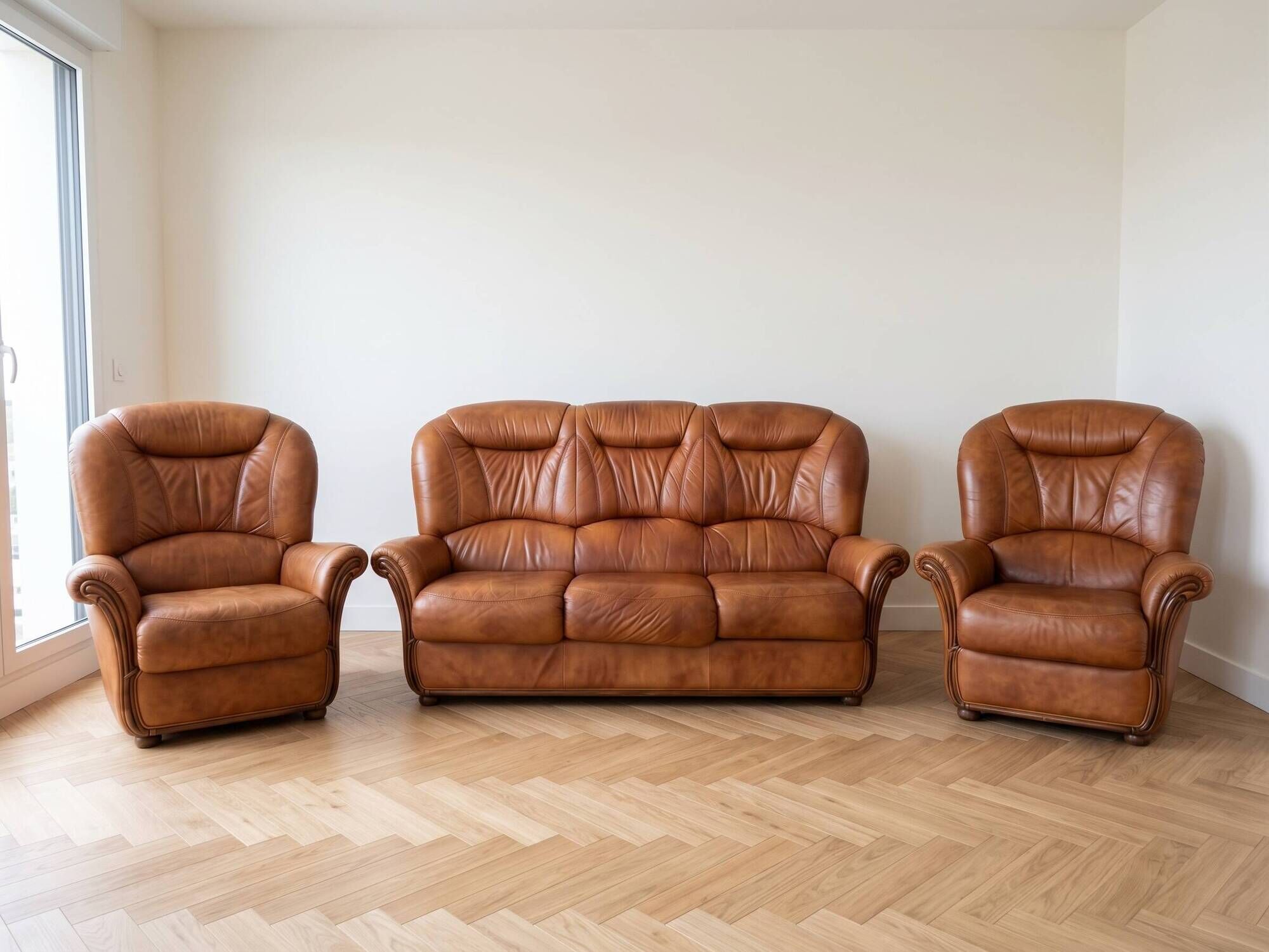 Living room set: 3-seater sofa and 2 brown leather armchairs.