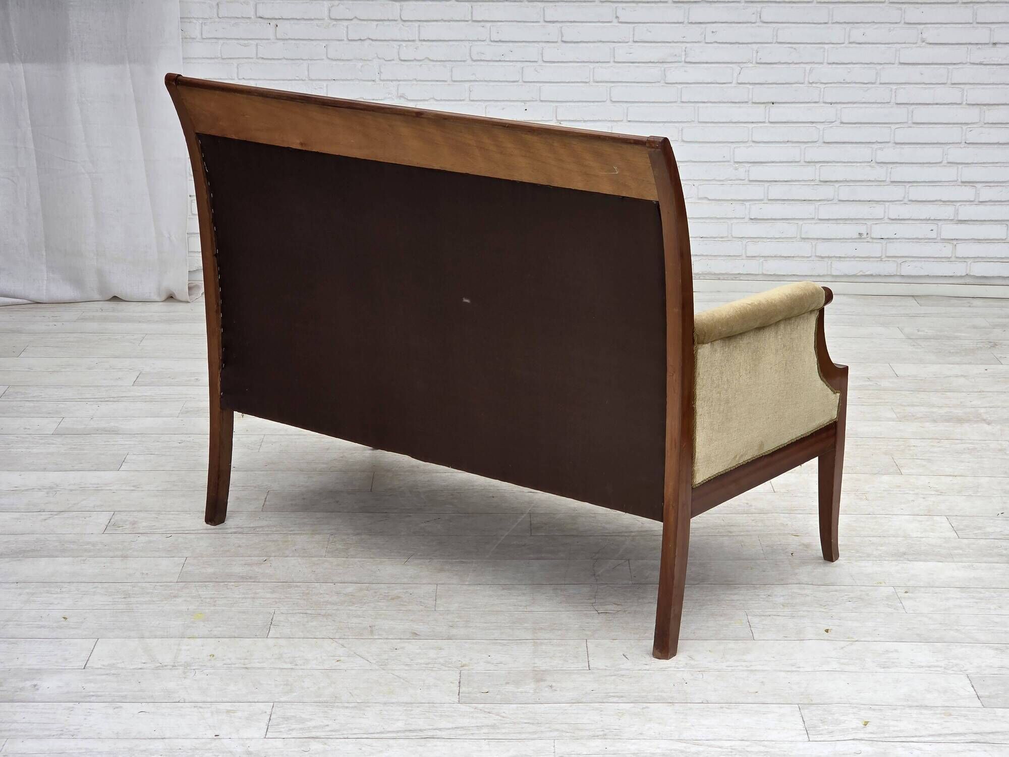 1950s, 2 seater Danish highback sofa, furniture velour, laqered teak wood.