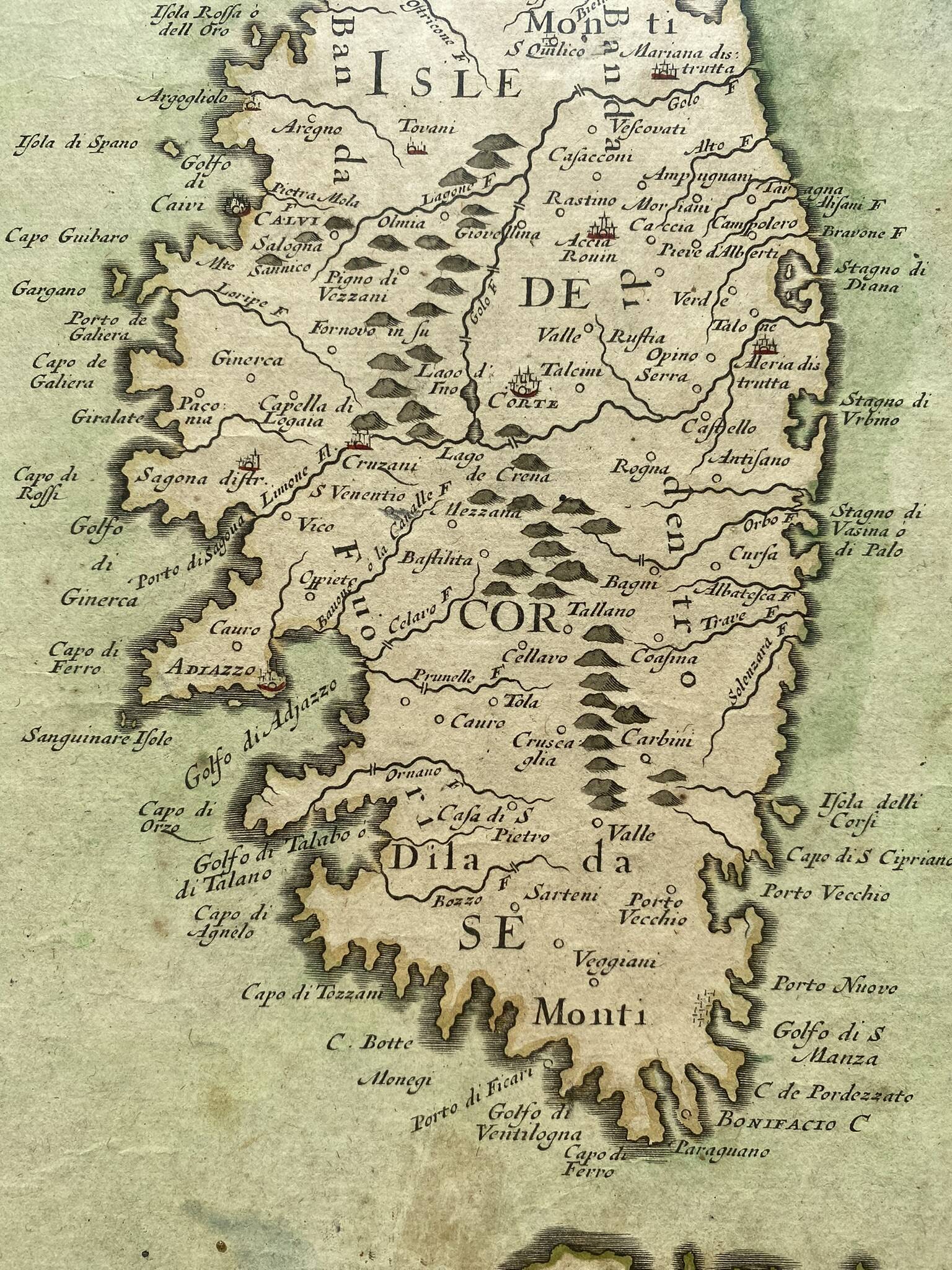 Old map of the Isle of Corsica framed under glass