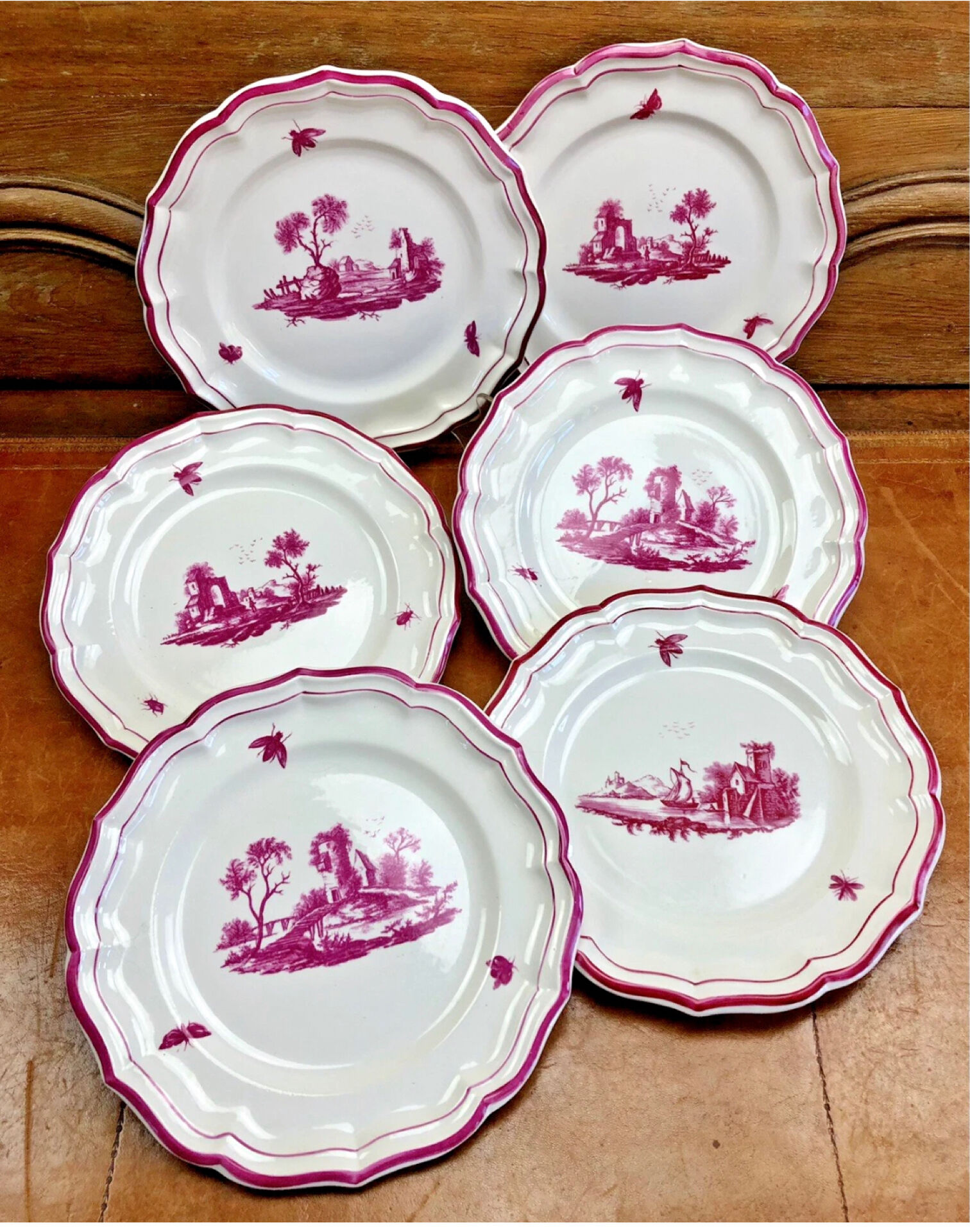 6 old flat table plates, Gien earthenware, pink landscape model.