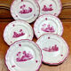 6 old flat table plates, Gien earthenware, pink landscape model.