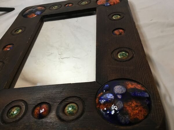 Miroir en bois avec émail cuivre décoration par Capo Esmaltes (Circa 1960)