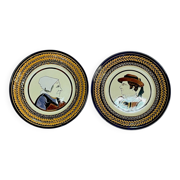 Quimper HB, paire assiettes faïence couple vers 1950