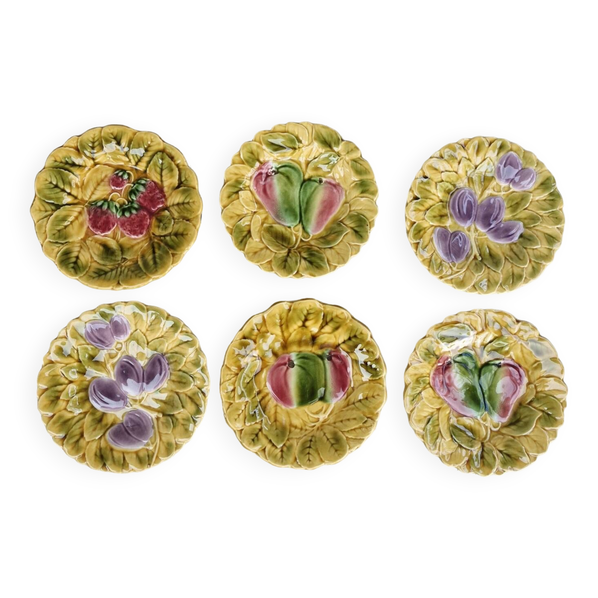 6 dessert plates sarreguemines ceramic barbotine fruits