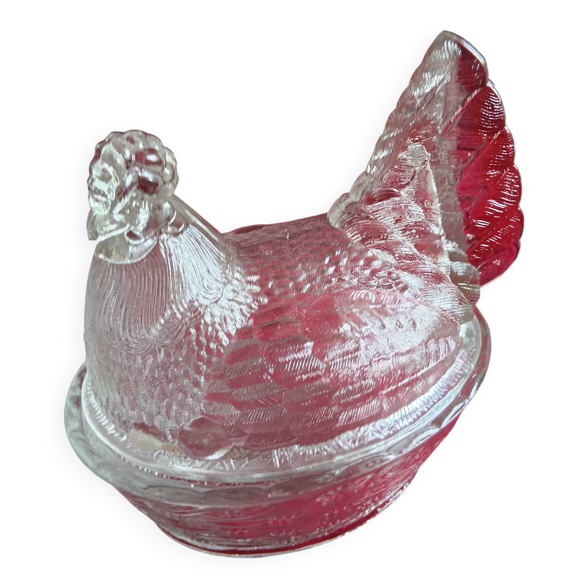 Old hen on her moulded glass nest - vintage sweet jar