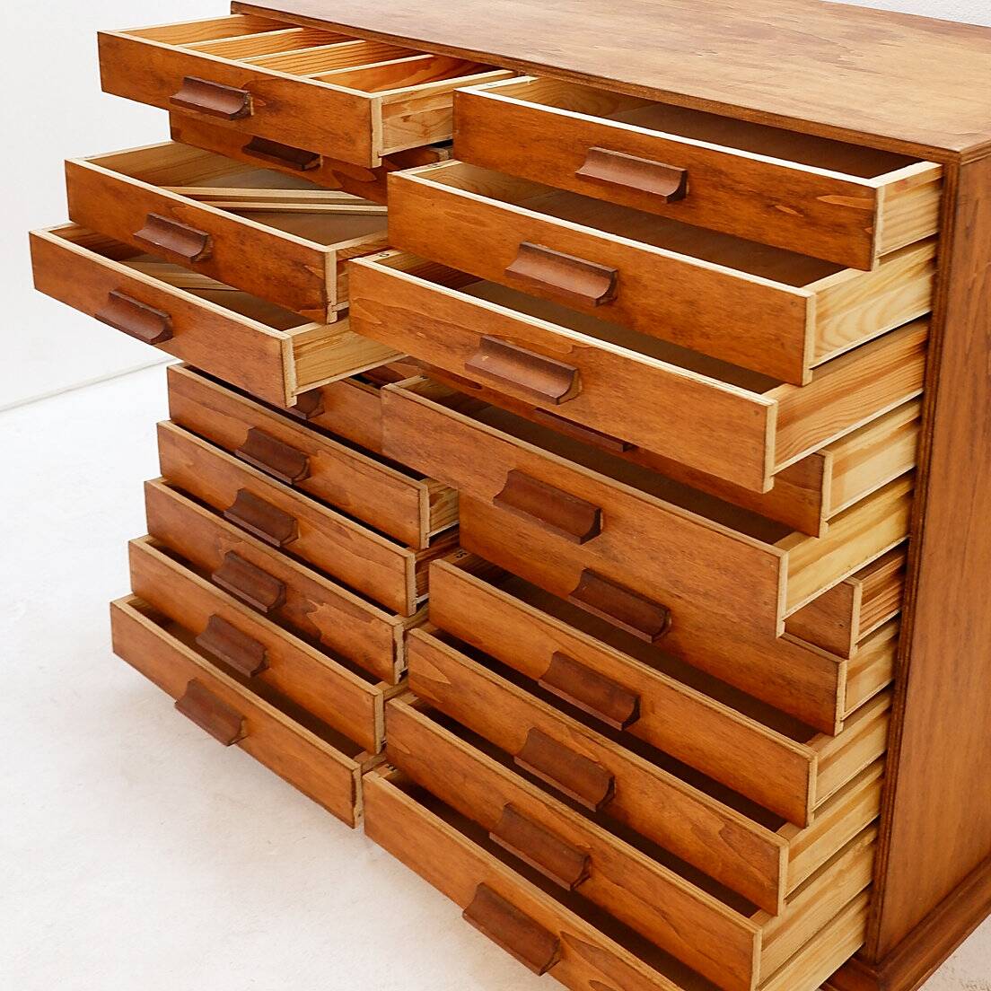 Vintage 22-drawer wooden flat filing cabinet, handmade