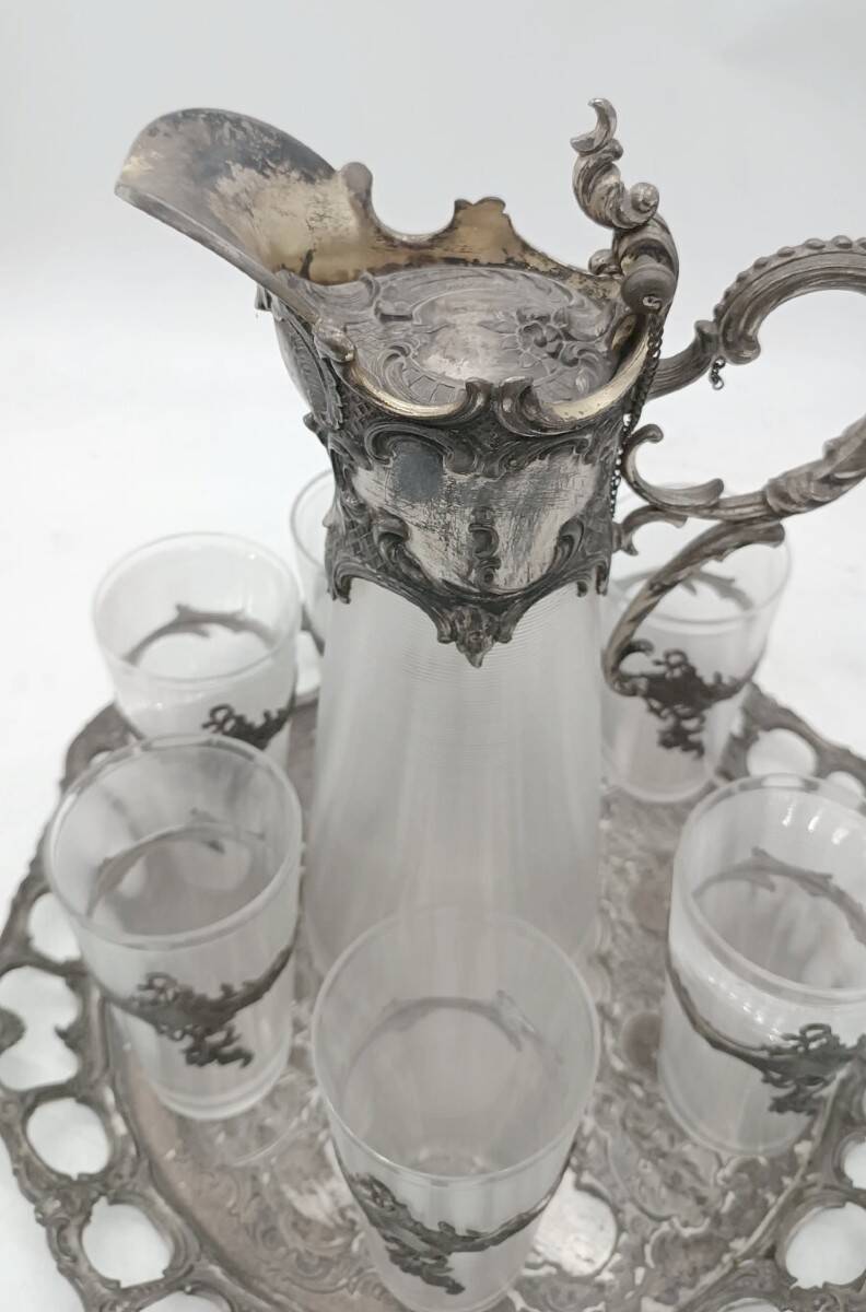 Tray with carafe and 6 glasses, glass and silver-plated metal, Art Nouveau period