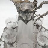 Tray with carafe and 6 glasses, glass and silver-plated metal, Art Nouveau period