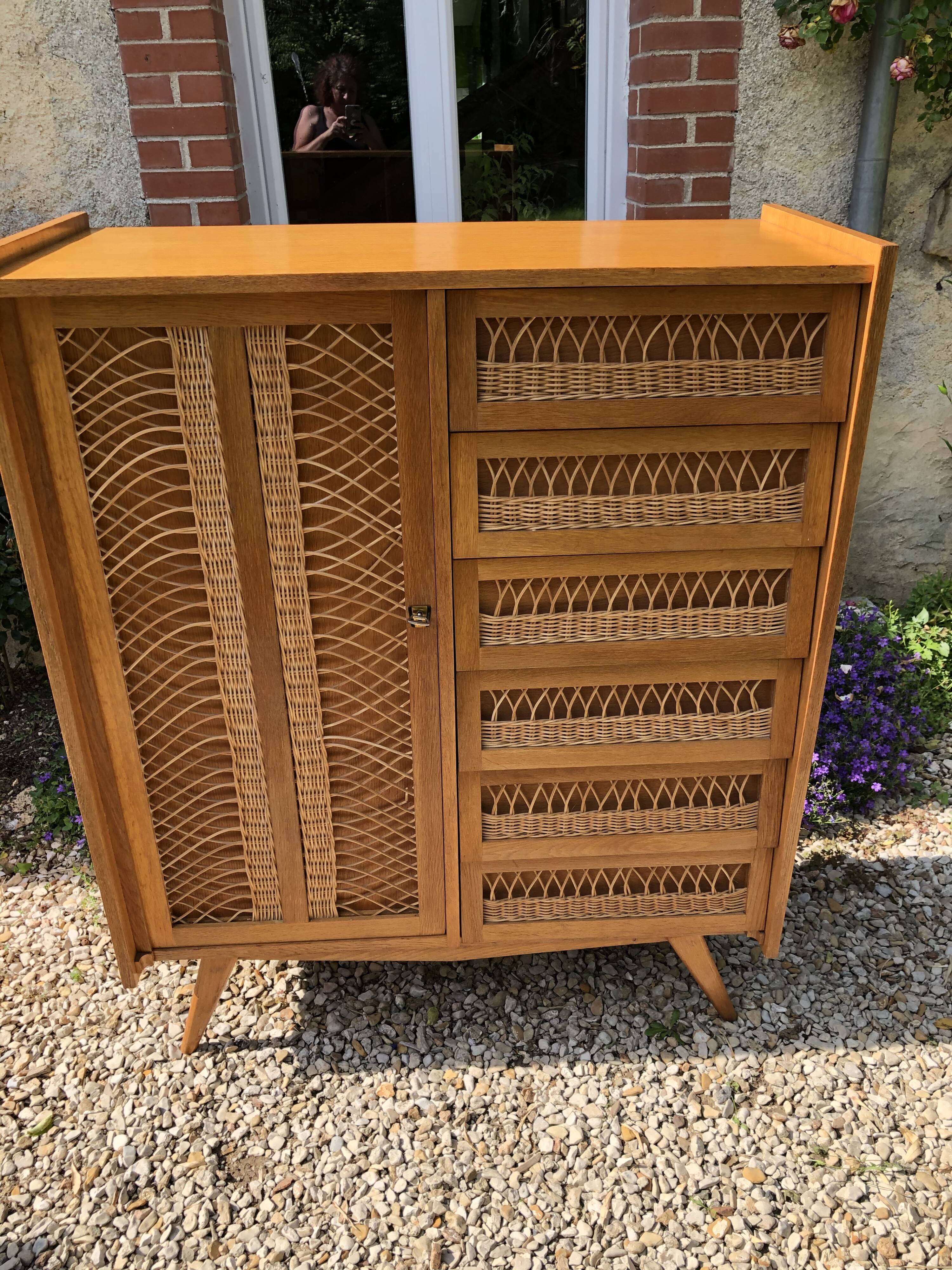 Chest of drawers in vintage rattan 60s