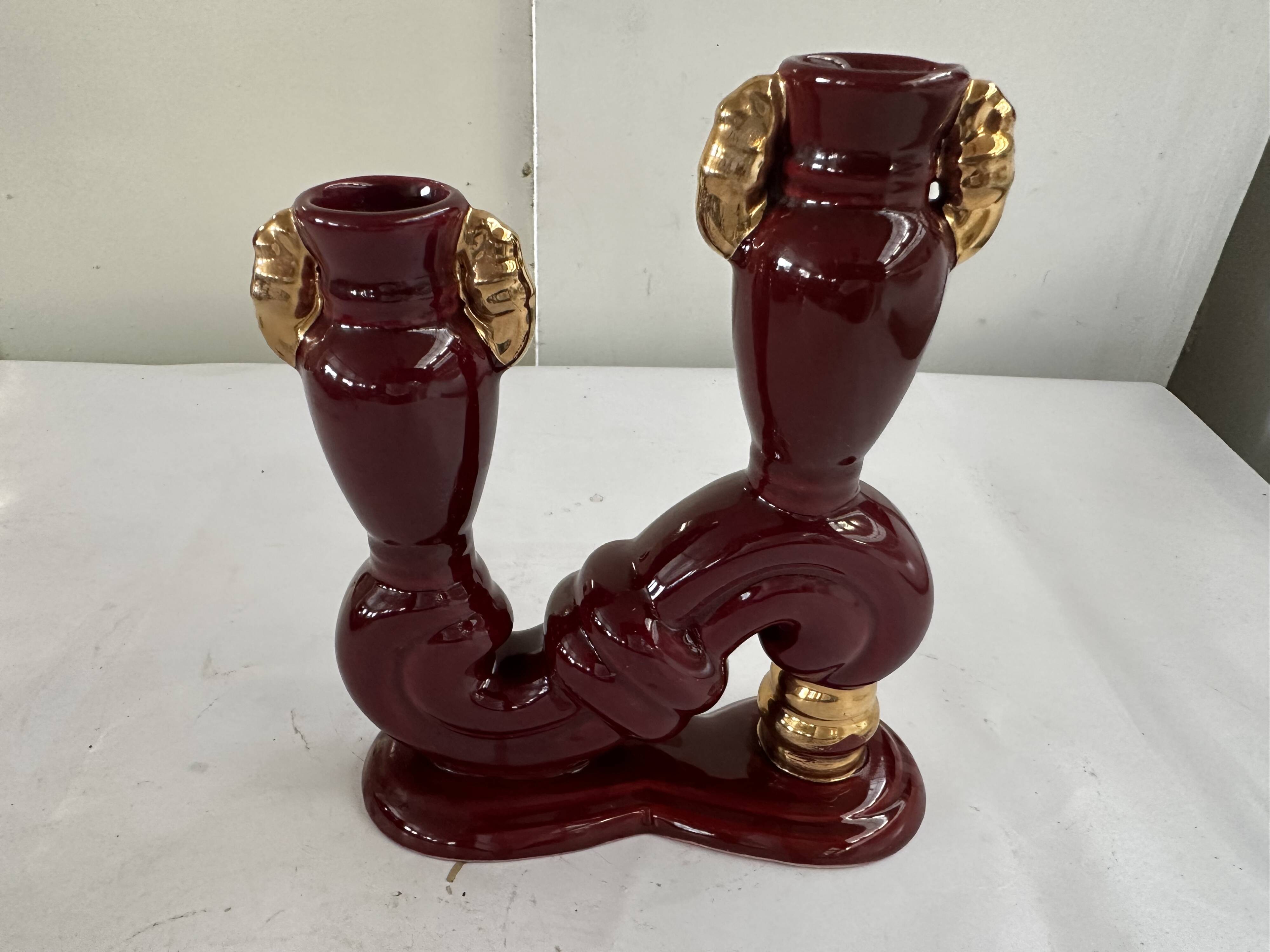Bordeaux and Gold glazed earthenware candlestick attributed to Vallauris, 1950s