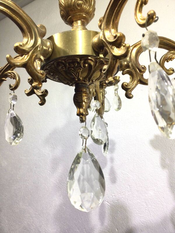 Lustre 5 lumières en bronze et pampilles