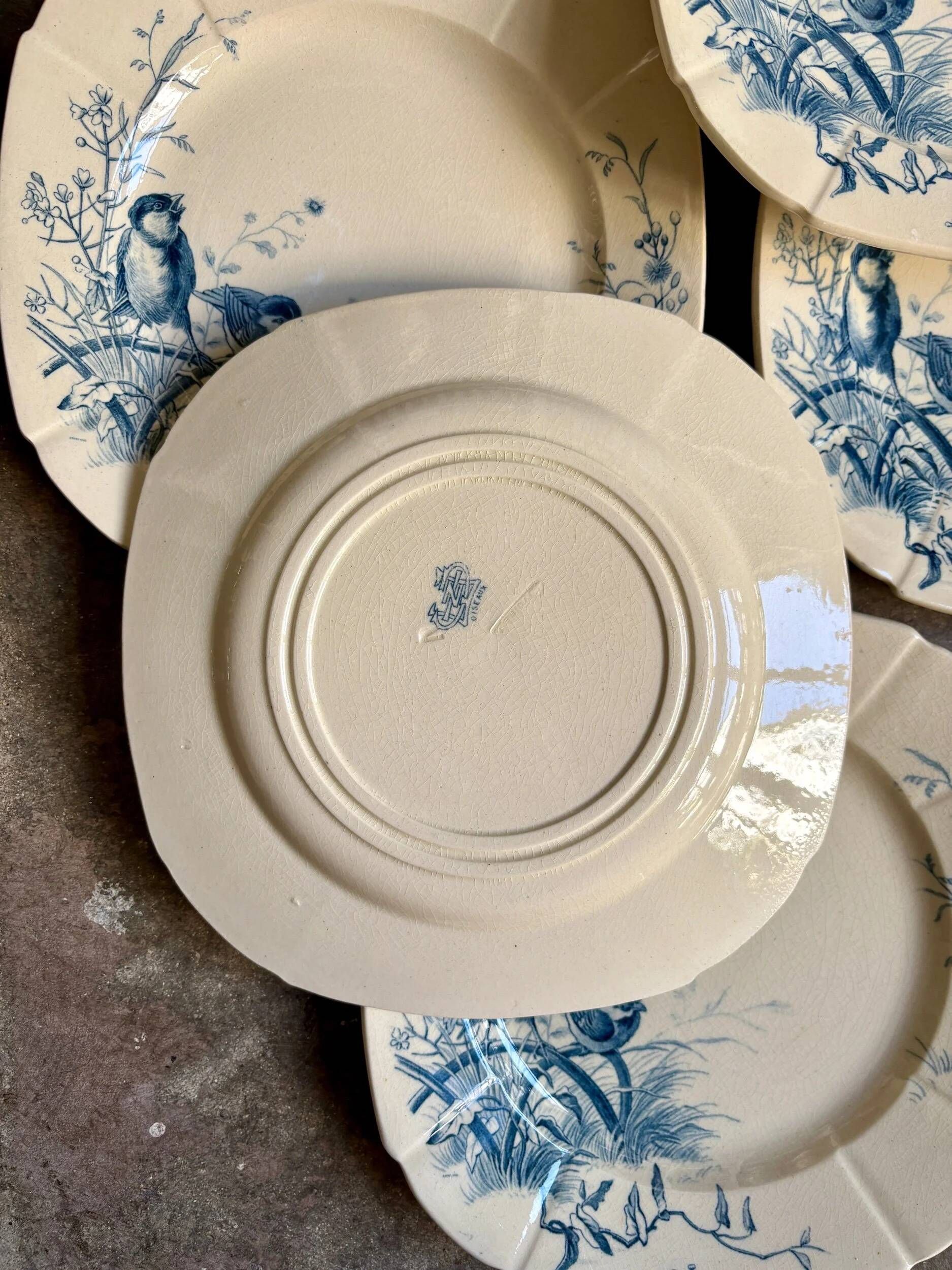 6 dessert plates Gien in blue ironstone, service "Birds" circa 1870 no. 3