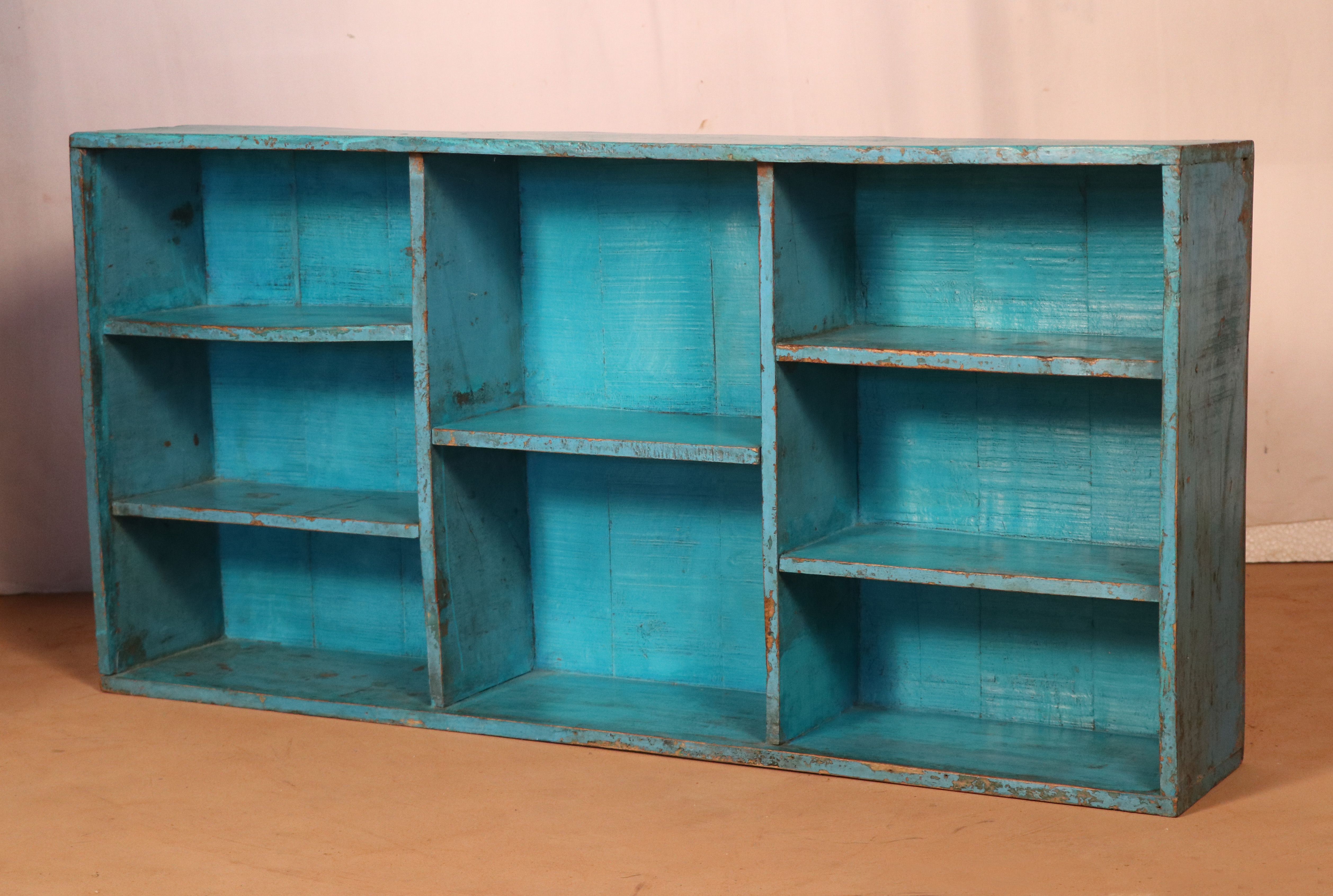 Old Burmese teak workshop shelf original blue patina