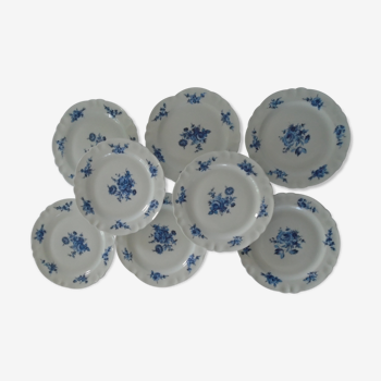 Set de 8 assiettes porcelaine de Limoges France décor fleurs bleues  diamètre 20 cm