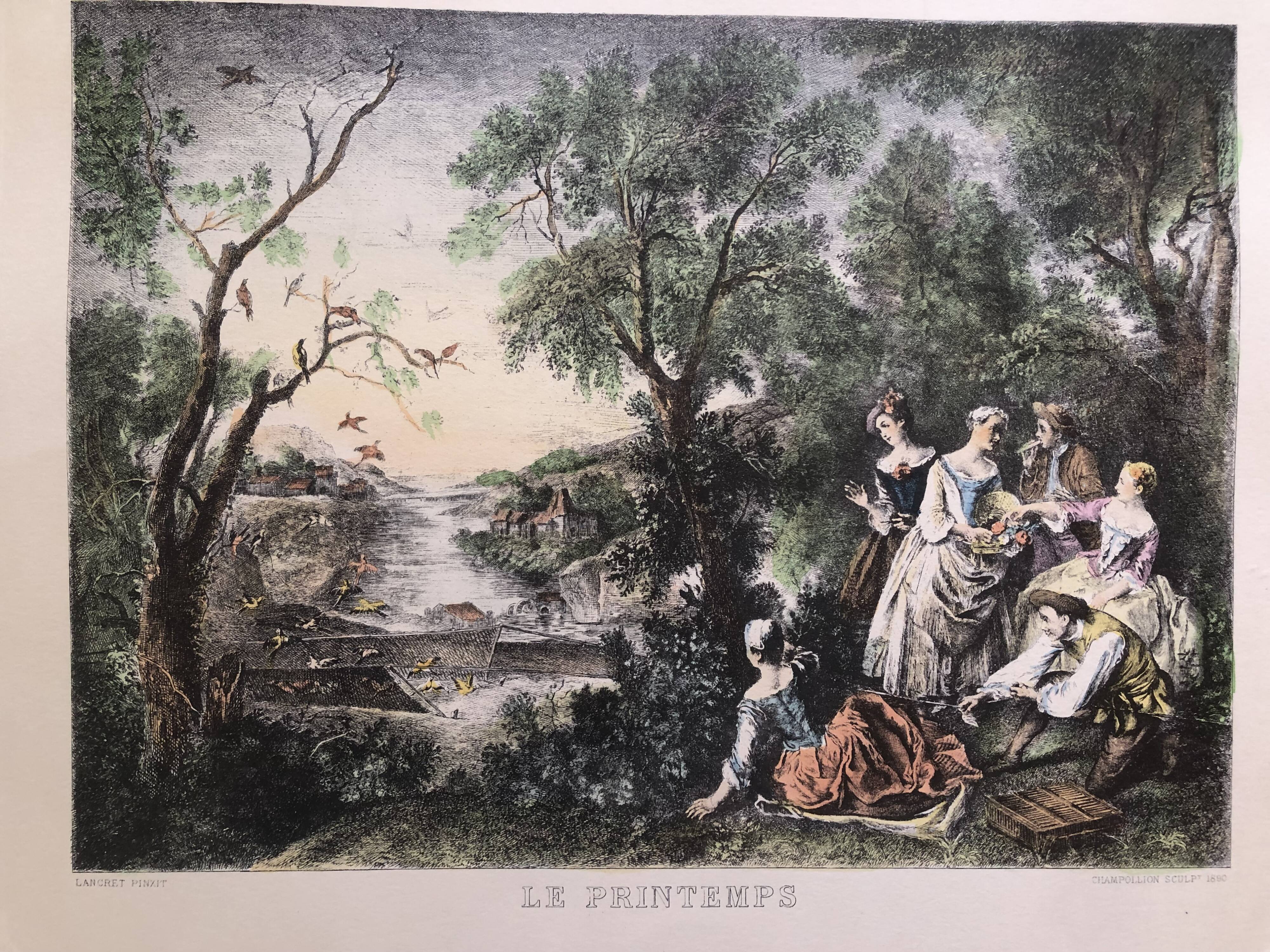 Set 4 lithograph les saisons after nicolas lancret, engraver chapollion and de mare, 20th century print