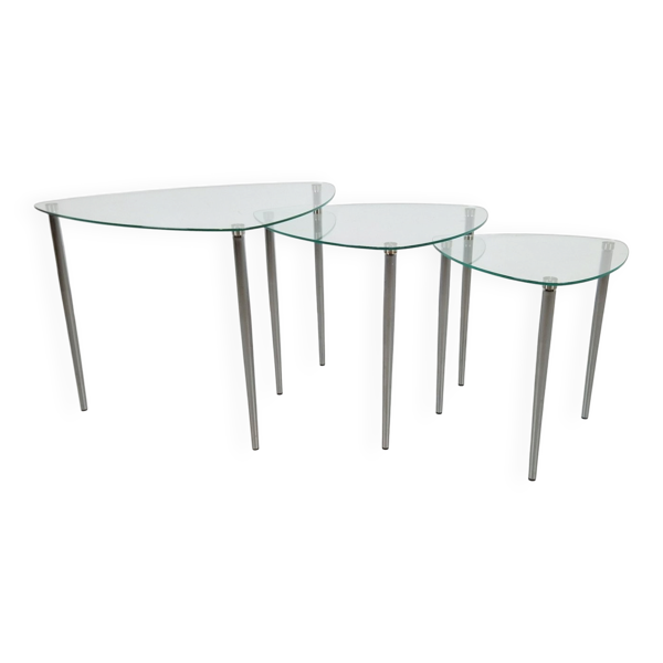 Tables triangulaires en verre et métal, années 1970, ensemble de 3