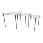 Triangular Nesting Tables in Glass and Metal, 1970s, Set of 3