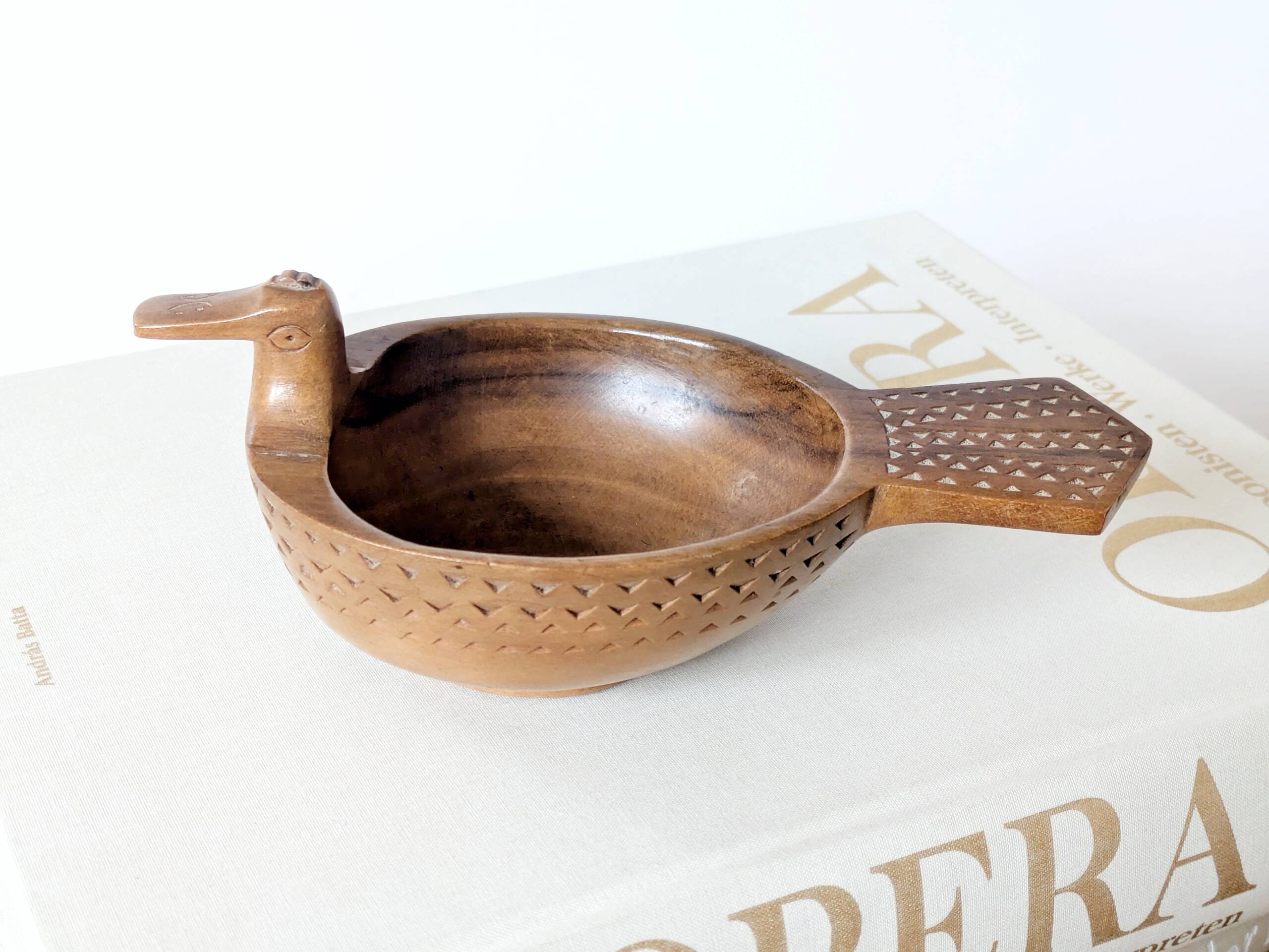 Hand-carved olive wood bowl, vintage Yugoslavian craftsmanship