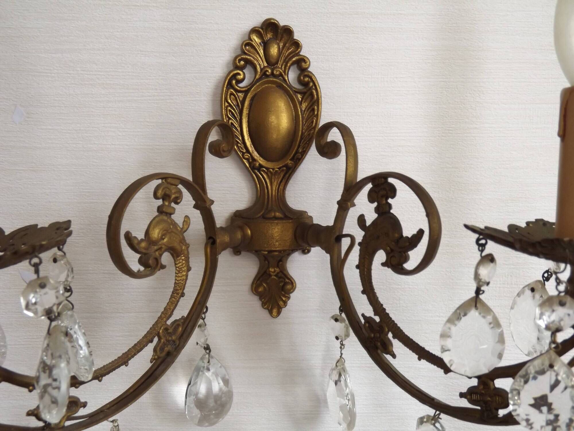 French Vintage Double Bronze & Crystal Wall Light - Stylized Dolphin Detail