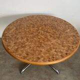 Old inlaid wood table designed by Dieter Waeckerlin Idealheim from the 70s with metal foot