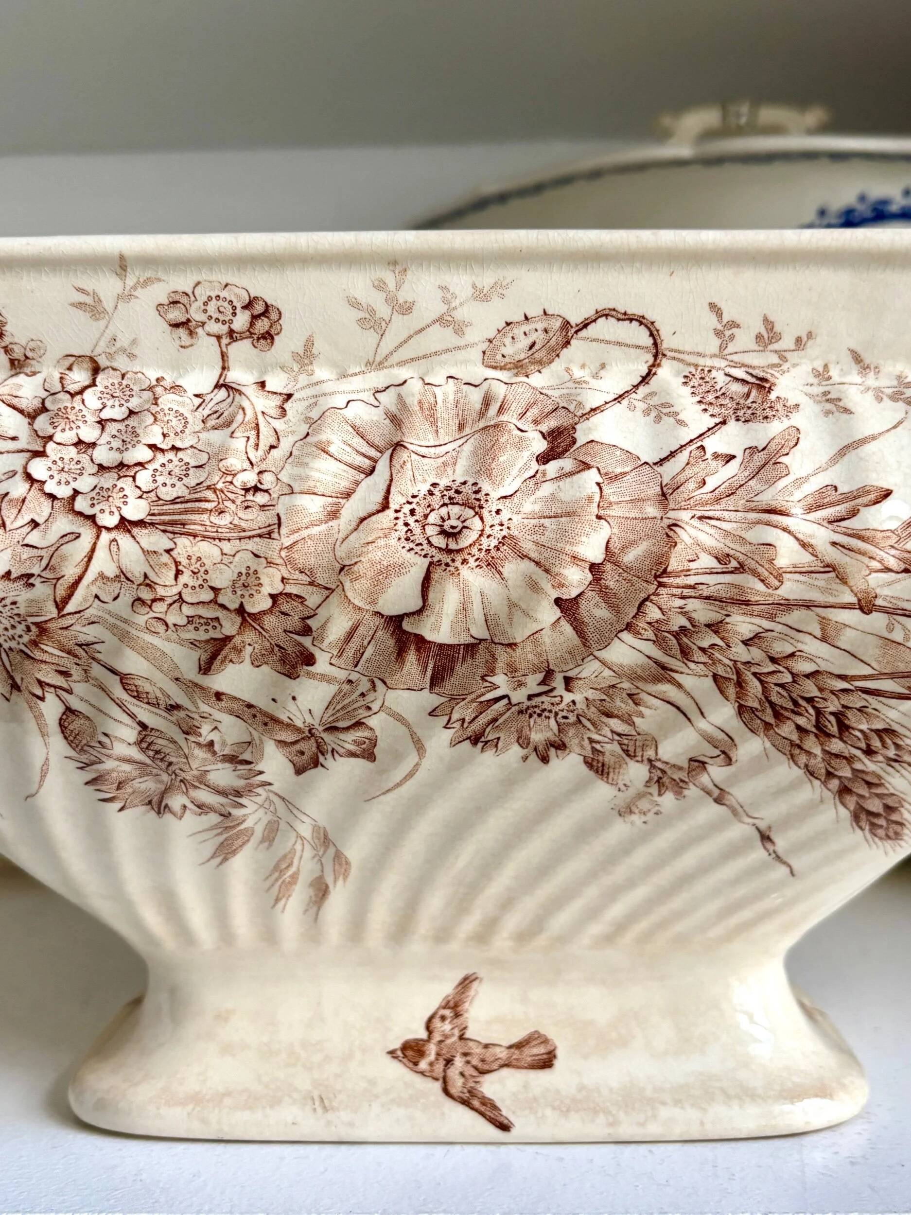 Brown ironstone soup tureen and vegetable dish