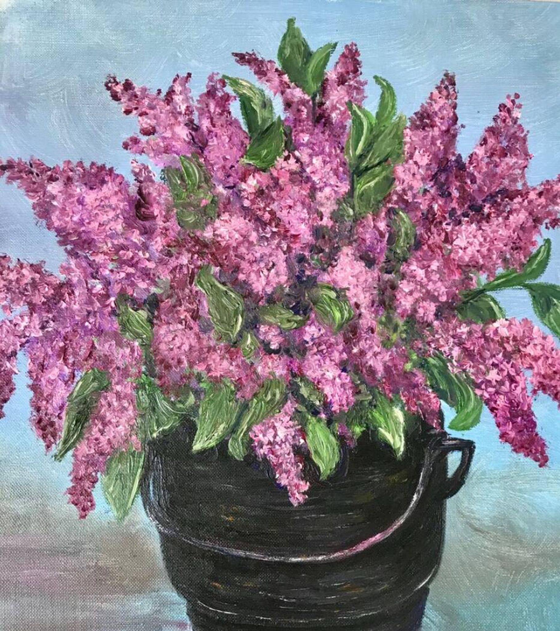 Oil painting on canvas bouquet of vintage lilac flowers signed