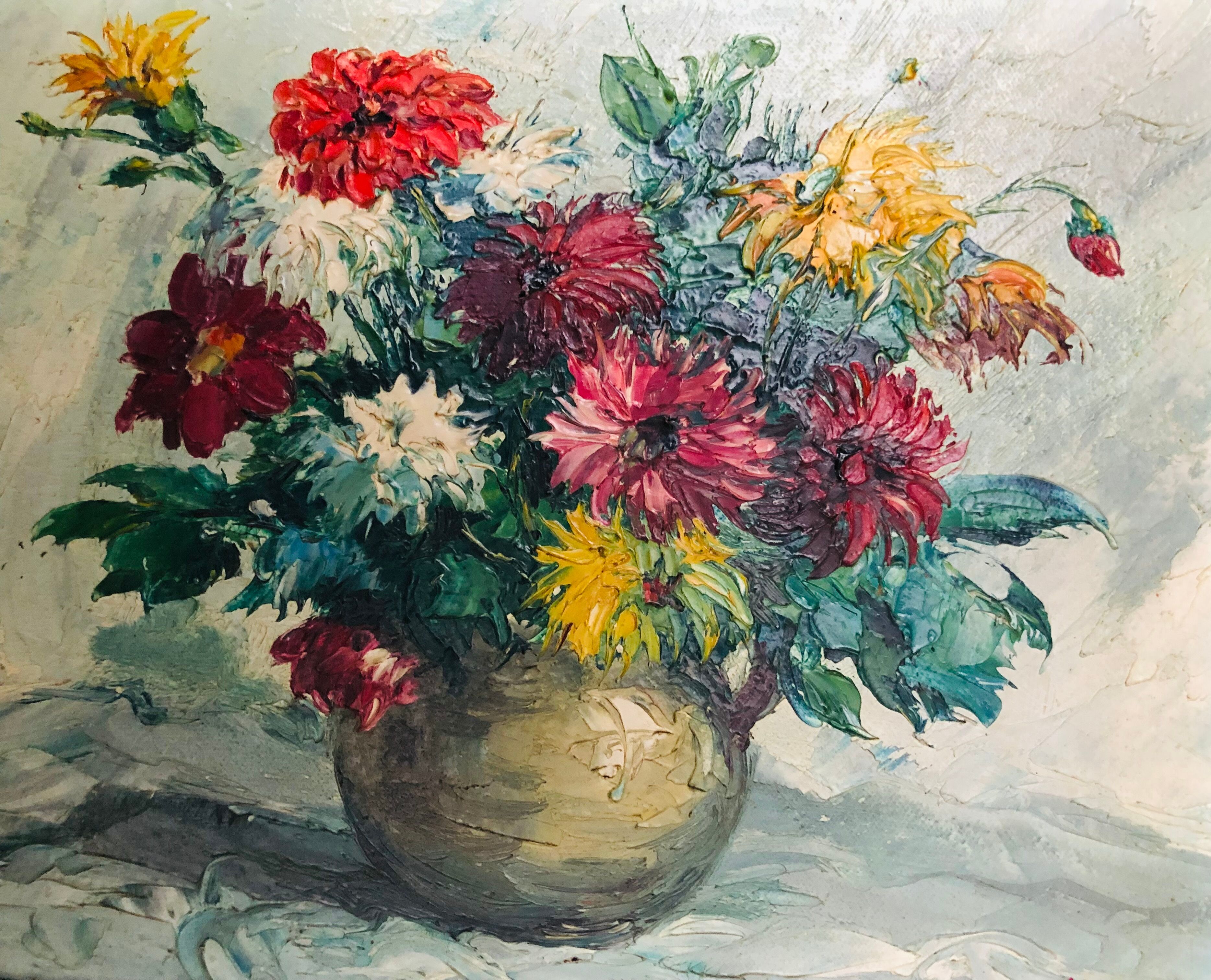 Oil on canvas, still life with dahlias