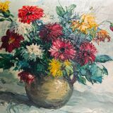 Oil on canvas, still life with dahlias