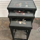 Chinese nesting tables in lacquered wood inlays of hard stones 60s
