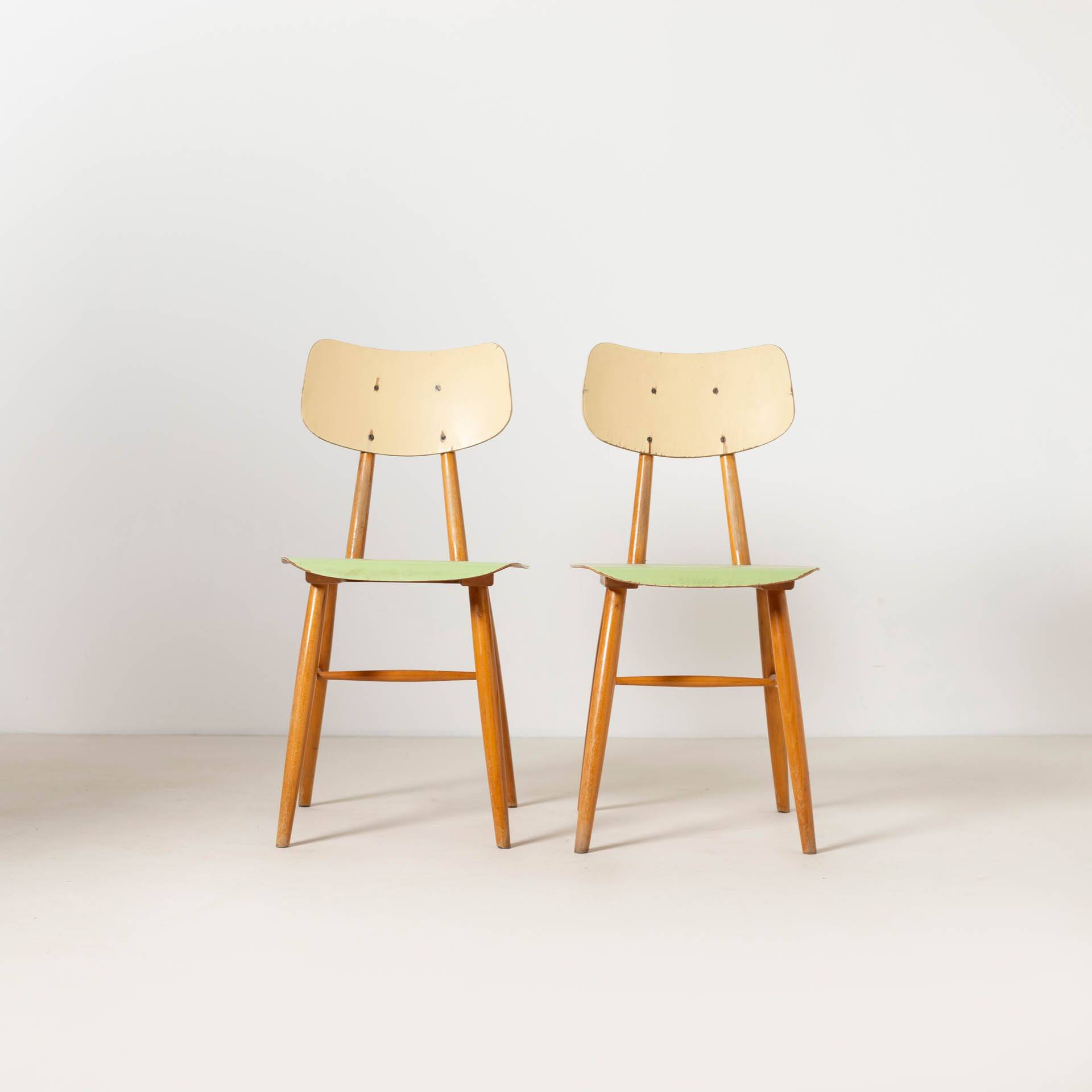 Set of 2 midcentury dining chairs from TON, green painted plywood, 1960S
