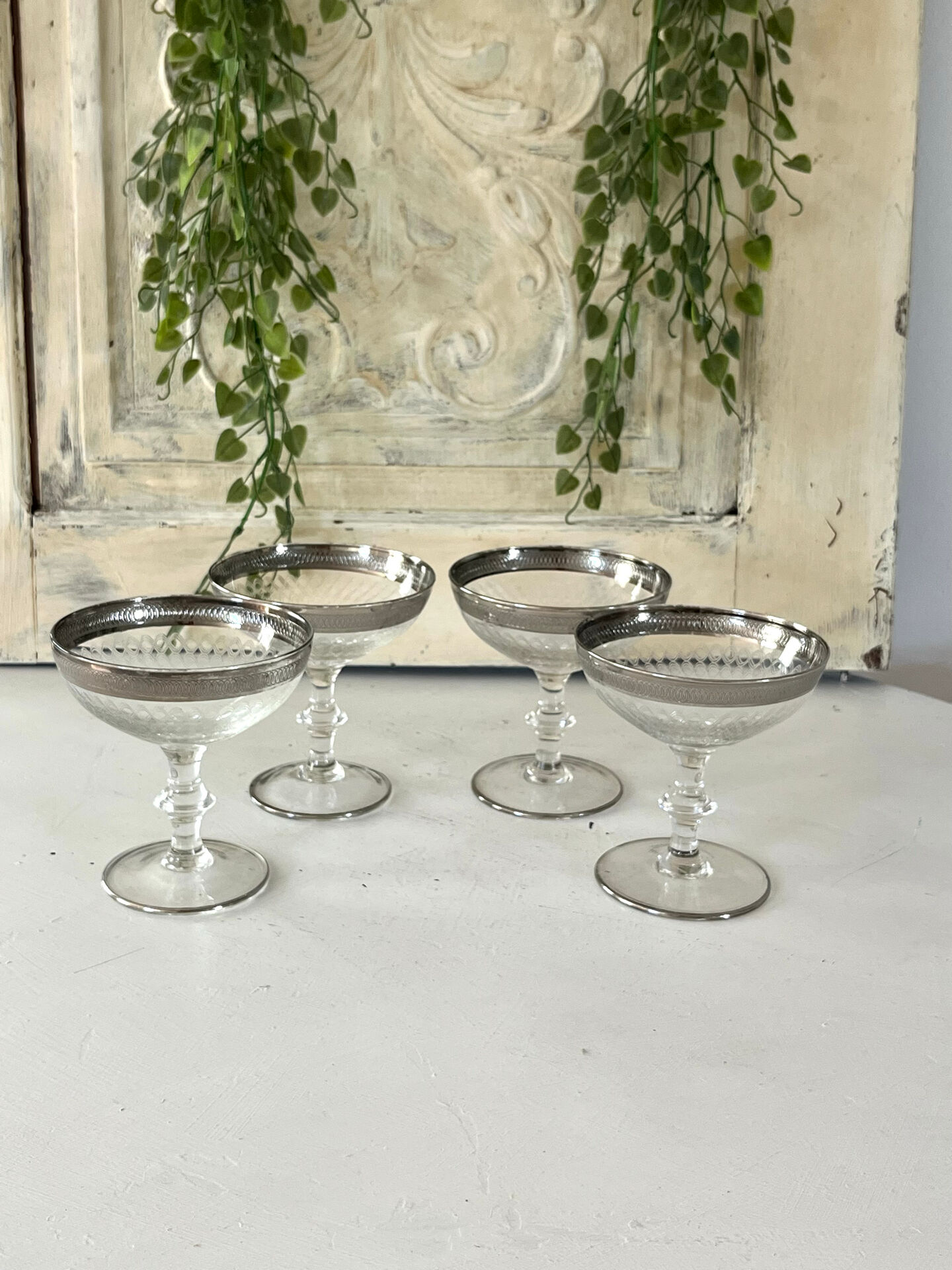 Etched silver rim cocktail coupe glasses set mid century barware