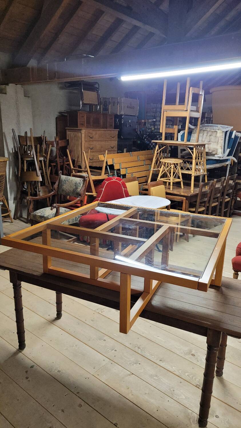Modernist vintage square coffee table, in wood and old glass