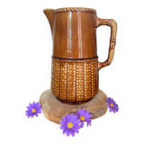 Old vintage ceramic pitcher or jug from Sarreguemines France Brown and pink interior, imitation basket